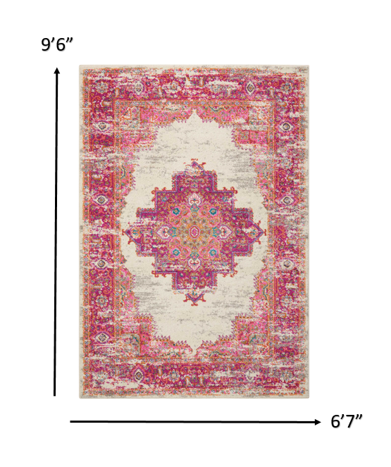 7’ x 10' Ivory and Fuchsia Distressed Area Rug