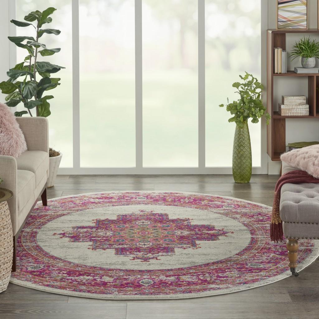 8’ Round Ivory and Fuchsia Distressed Area Rug