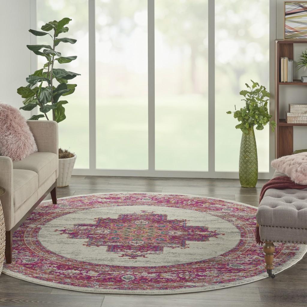 8’ Round Ivory and Fuchsia Distressed Area Rug Default Title