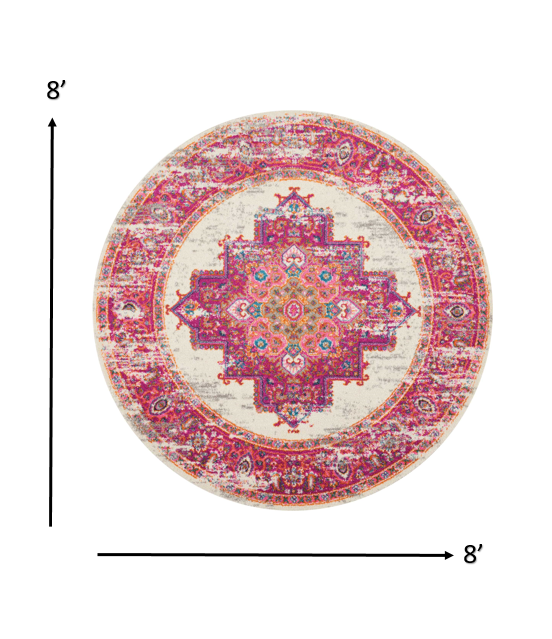 8’ Round Ivory and Fuchsia Distressed Area Rug