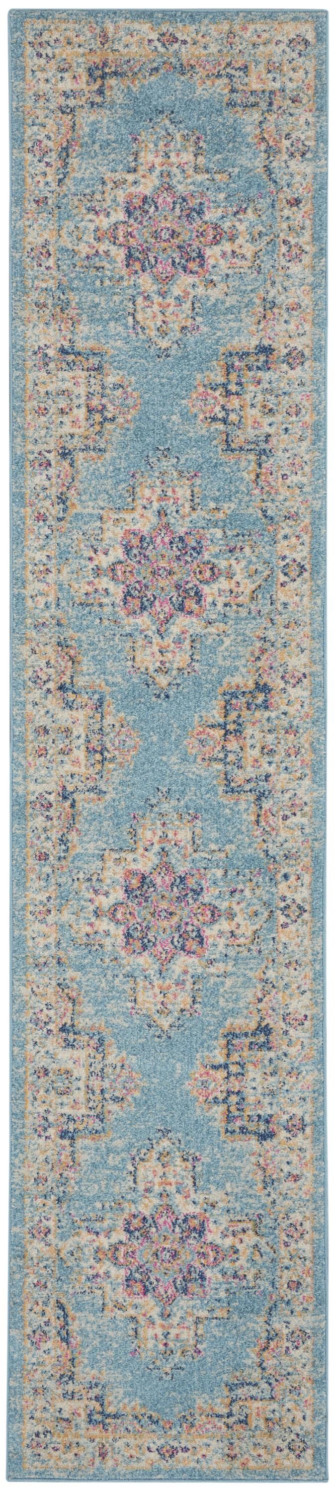 2’ x 10’ Light Blue Distressed Medallion Runner Rug