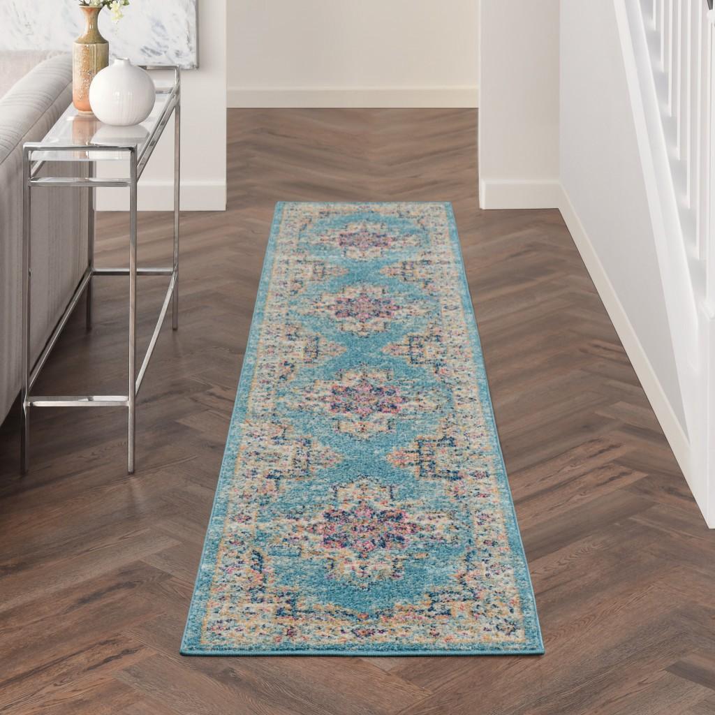 2’ x 10’ Light Blue Distressed Medallion Runner Rug