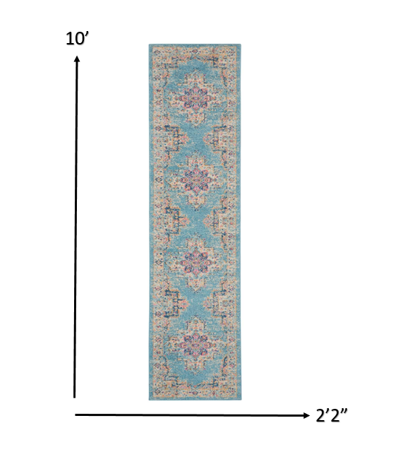 2’ x 10’ Light Blue Distressed Medallion Runner Rug