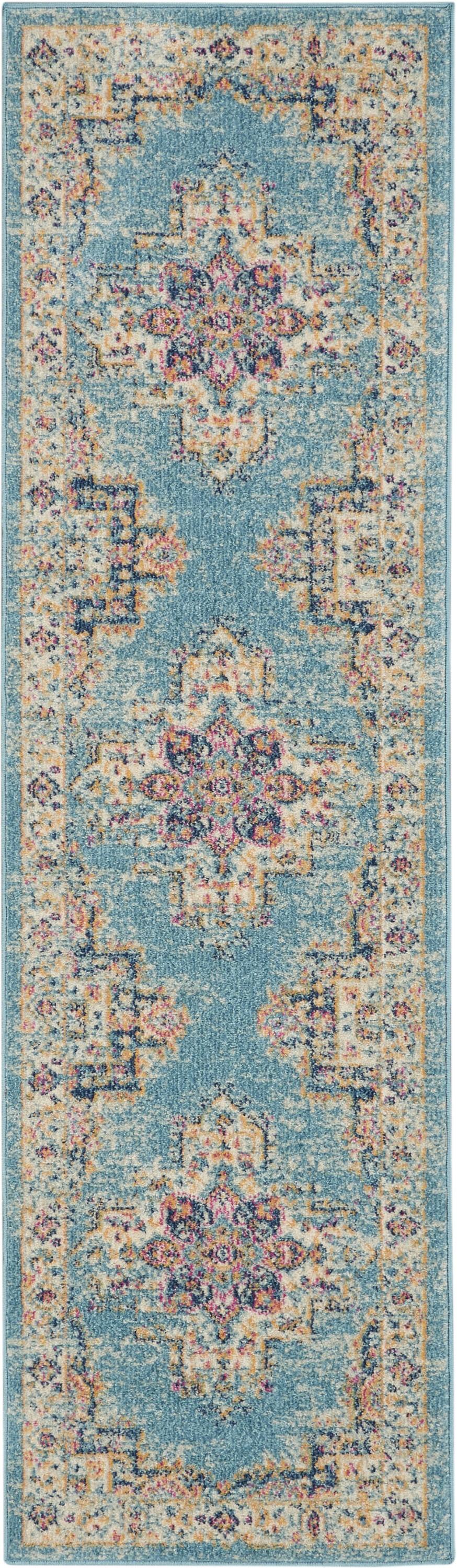 2’x8’ Light Blue Distressed Medallion Runner Rug