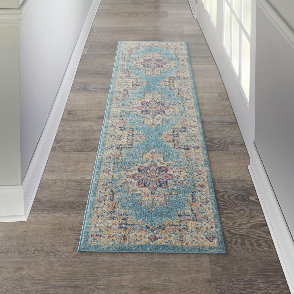 2’x8’ Light Blue Distressed Medallion Runner Rug