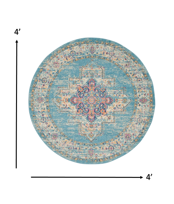 4’ Round Light Blue Distressed Medallion Area Rug