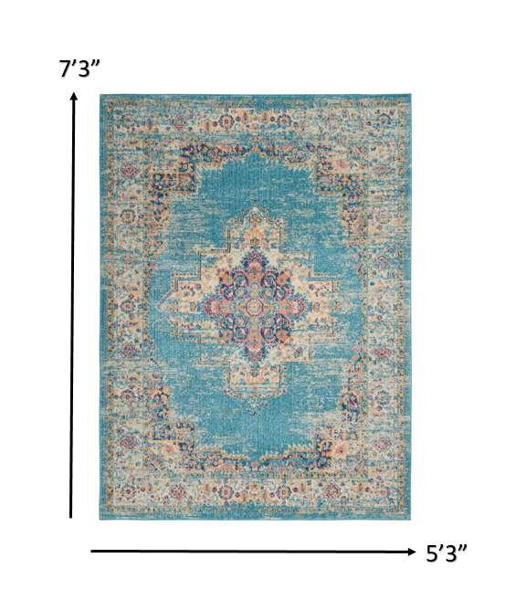 5’x7’ Light Blue Distressed Medallion Area Rug