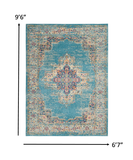 7’x10’ Light Blue Distressed Medallion Area Rug