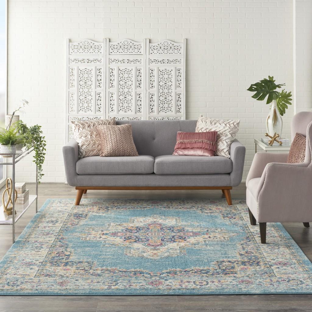 8’x10’ Light Blue Distressed Medallion Area Rug