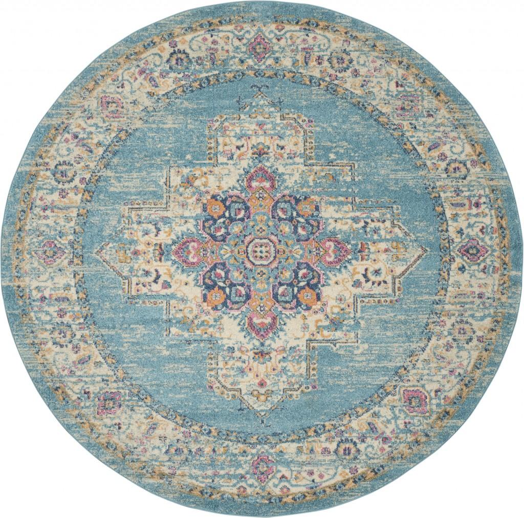 8’ Round Light Blue Distressed Medallion Area Rug Default Title
