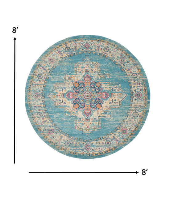 8’ Round Light Blue Distressed Medallion Area Rug