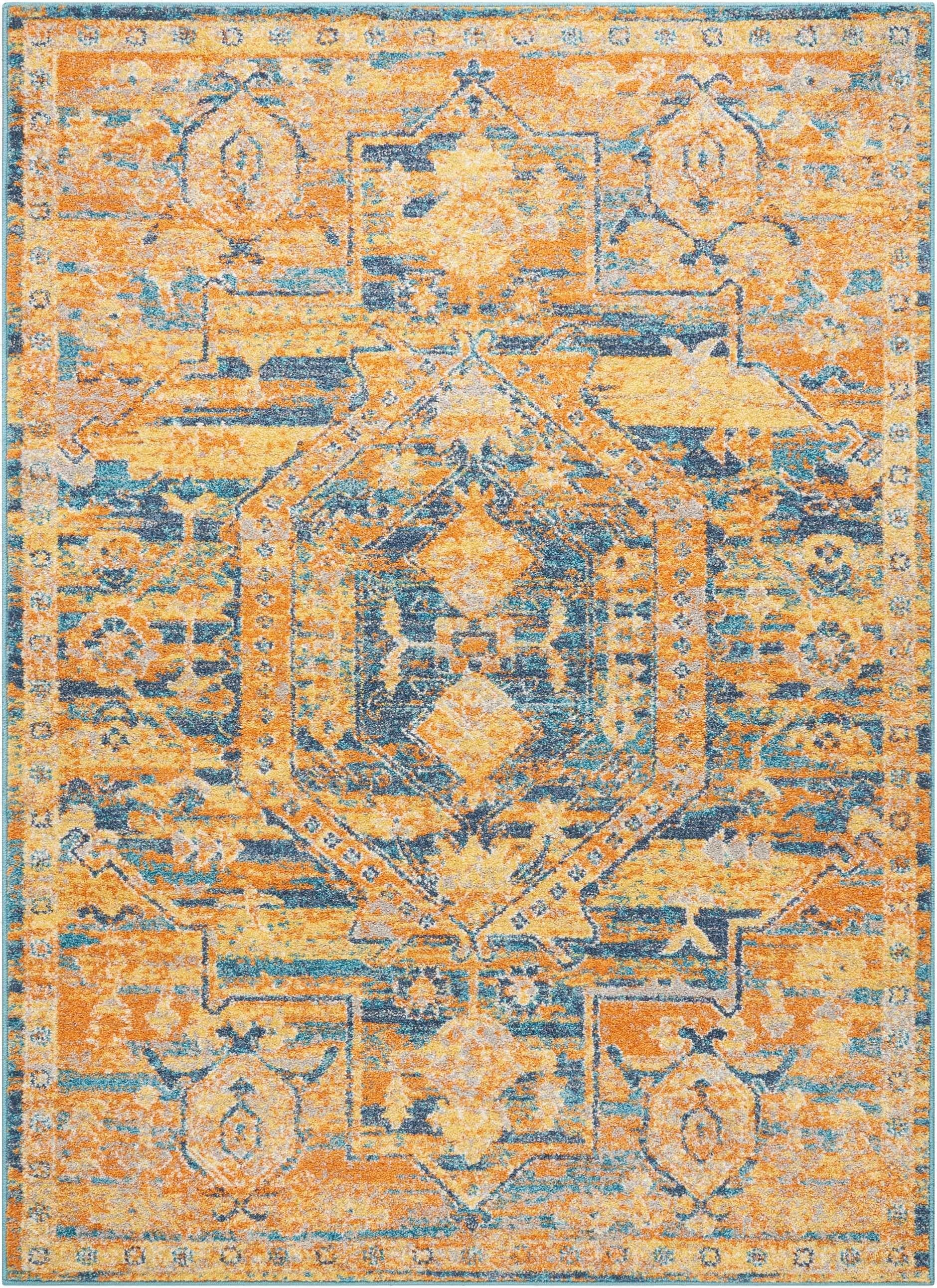 7’ x 10’ Gold and Blue Antique Area Rug