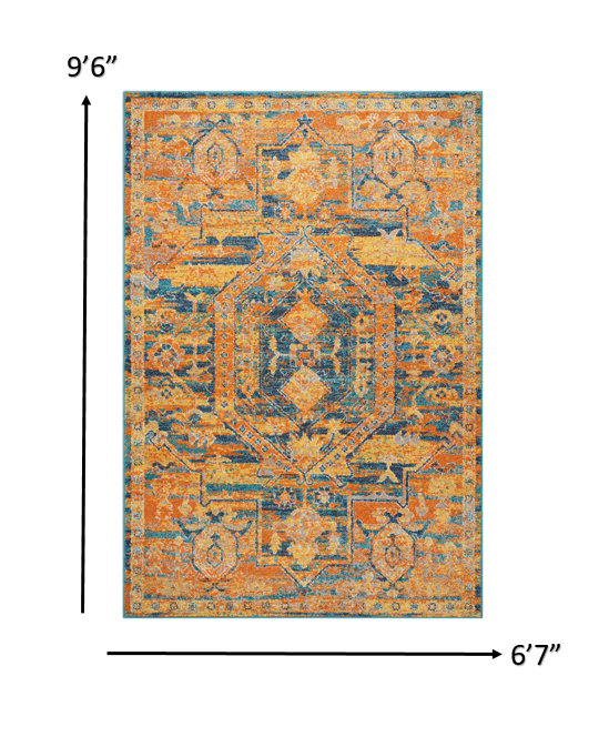 7’ x 10’ Gold and Blue Antique Area Rug