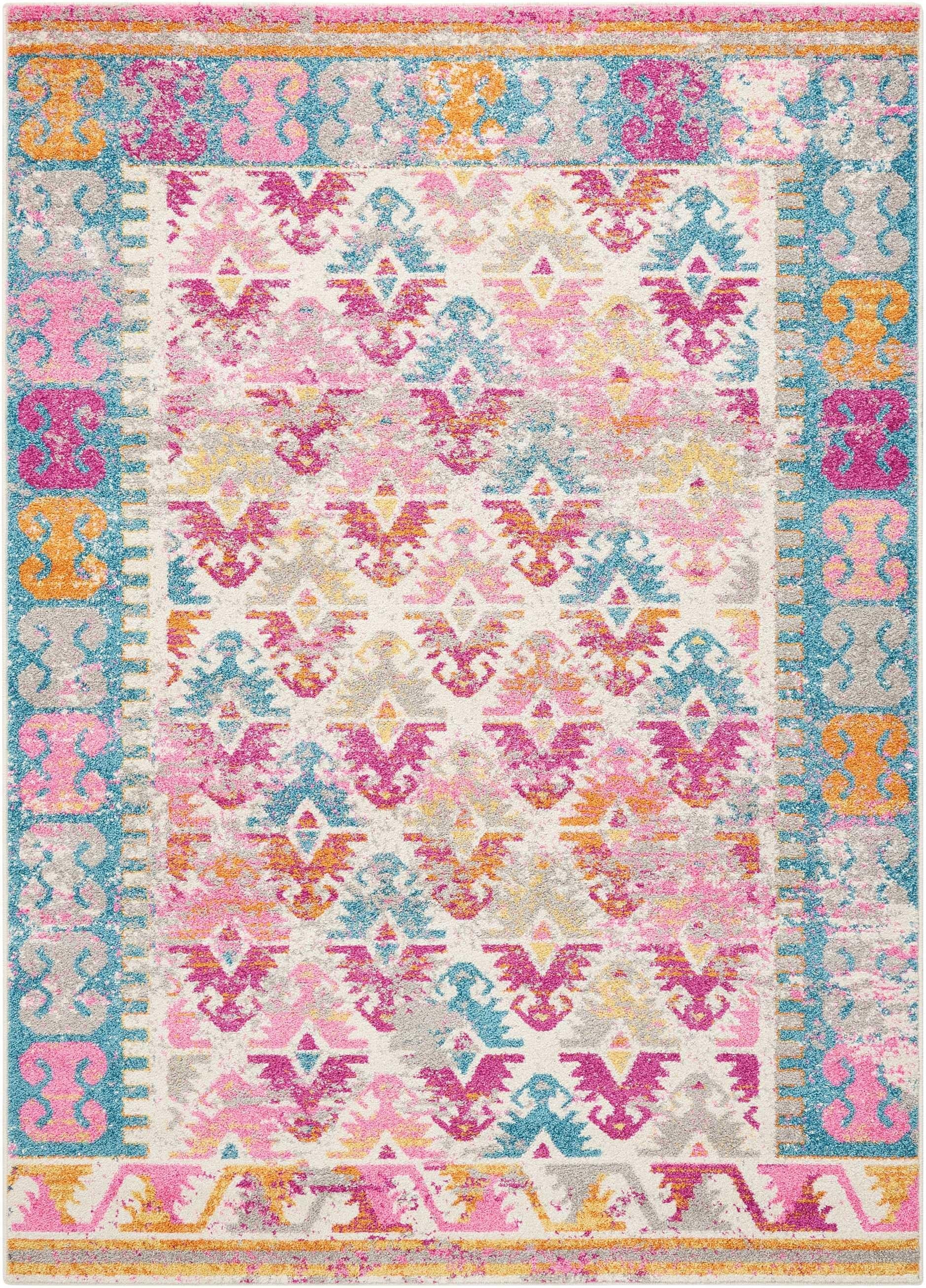 4’ x 6’ Ivory and Magenta Tribal Pattern Area Rug Default Title