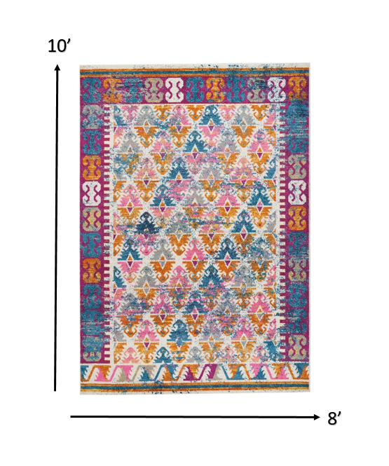 8’ x 10’ Ivory and Magenta Tribal Pattern Area Rug