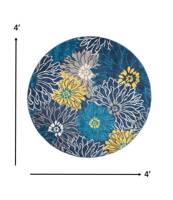 4’ Round Blue Tropical Flower Area Rug