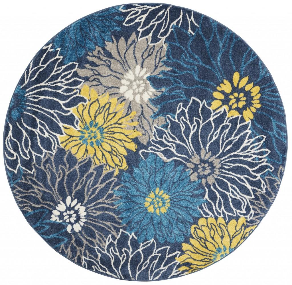 5’ Round Blue Tropical Flower Area Rug Default Title
