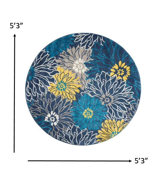 5’ Round Blue Tropical Flower Area Rug