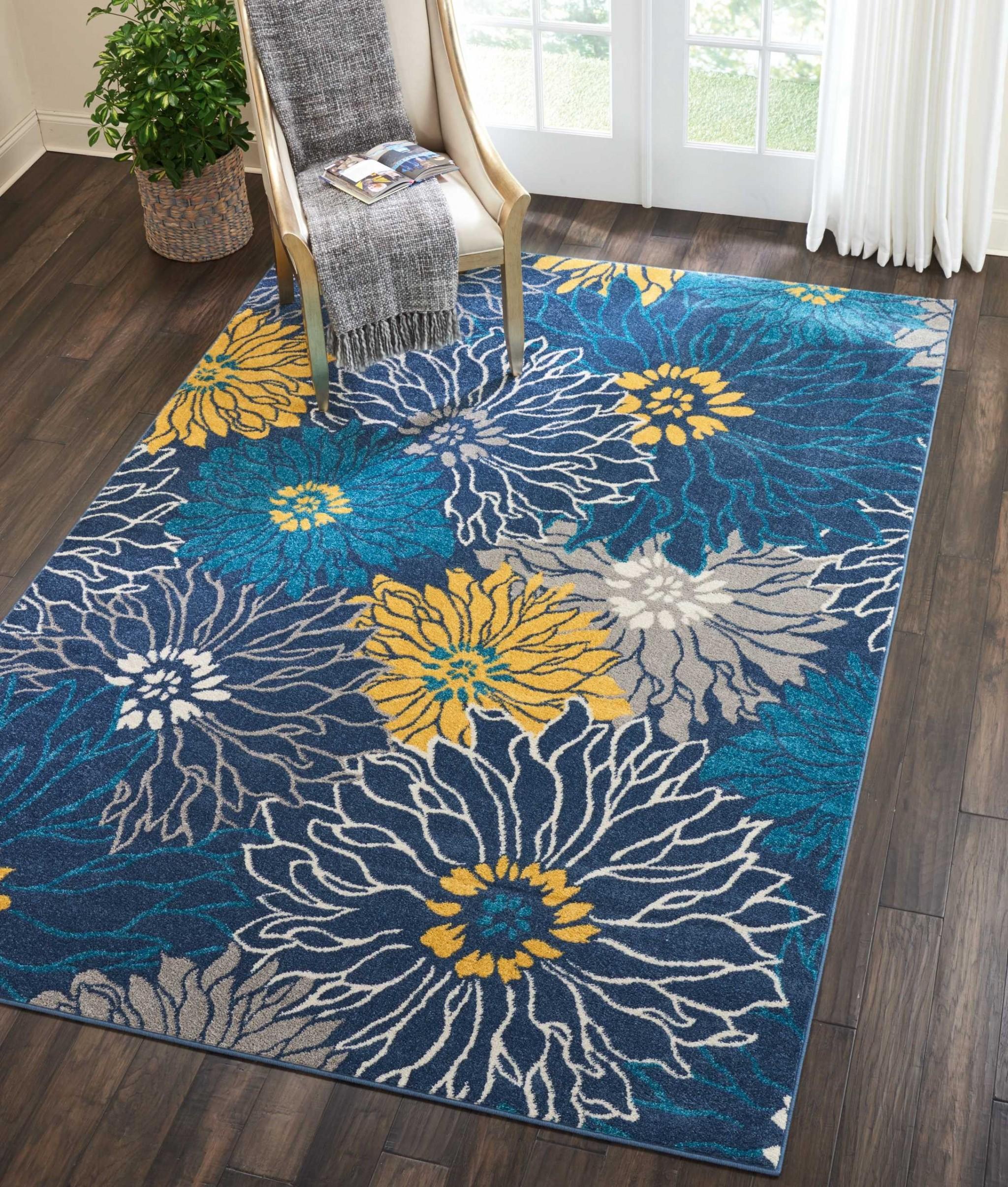 7’ x 10’ Blue Tropical Flower Area Rug