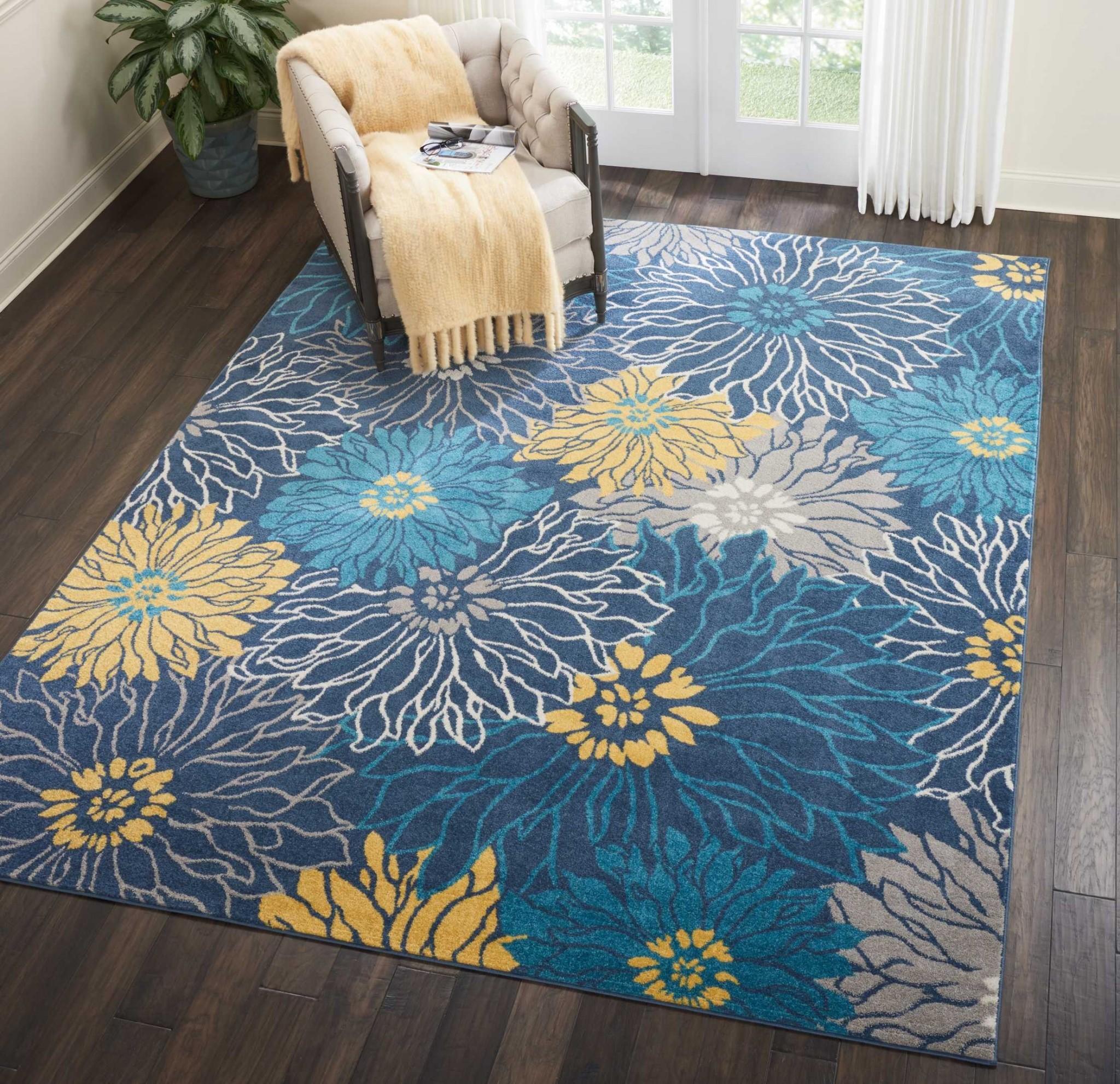 8’ x 10’ Blue Tropical Flower Area Rug Default Title