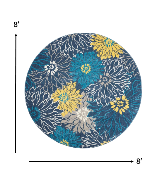 8’ Round Blue Tropical Flower Area Rug