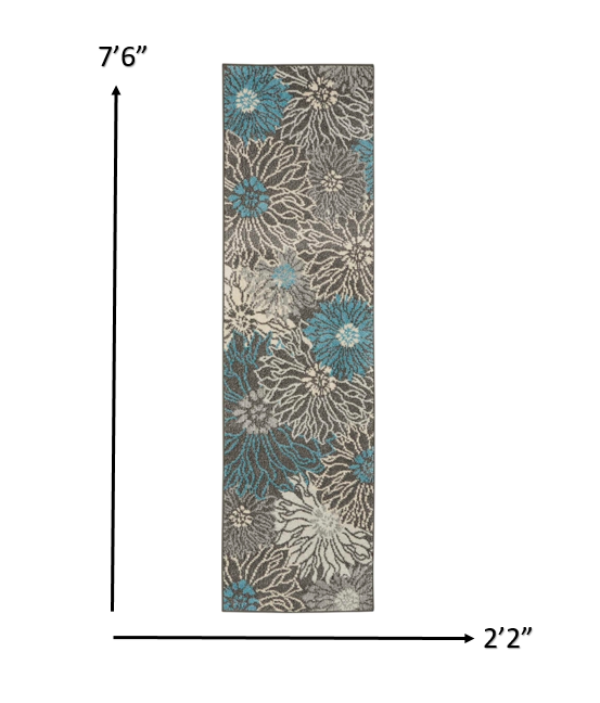 2’ x 8’ Charcoal and Blue Big Flower Runner Rug