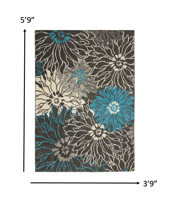4’ x 6’ Charcoal and Blue Big Flower Area Rug