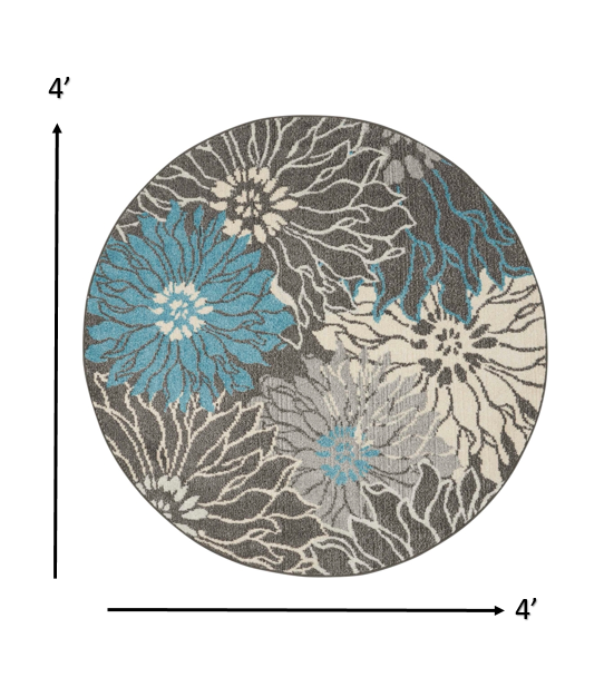4’ Round Charcoal and Blue Big Flower Area Rug Default Title