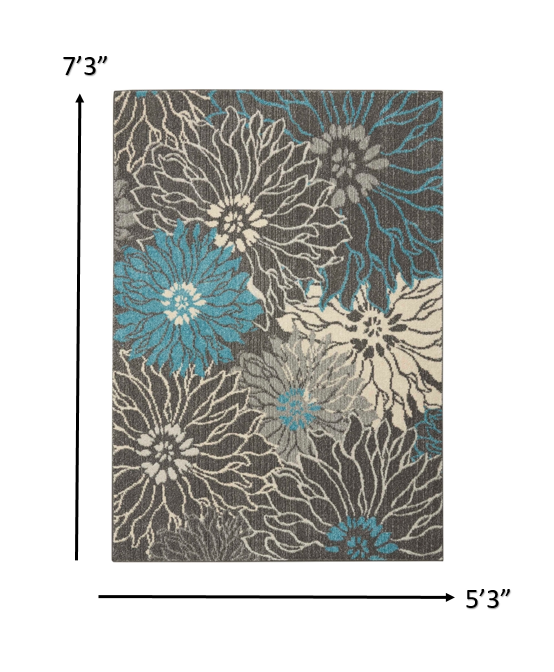 5’ x 7’ Charcoal and Blue Big Flower Area Rug