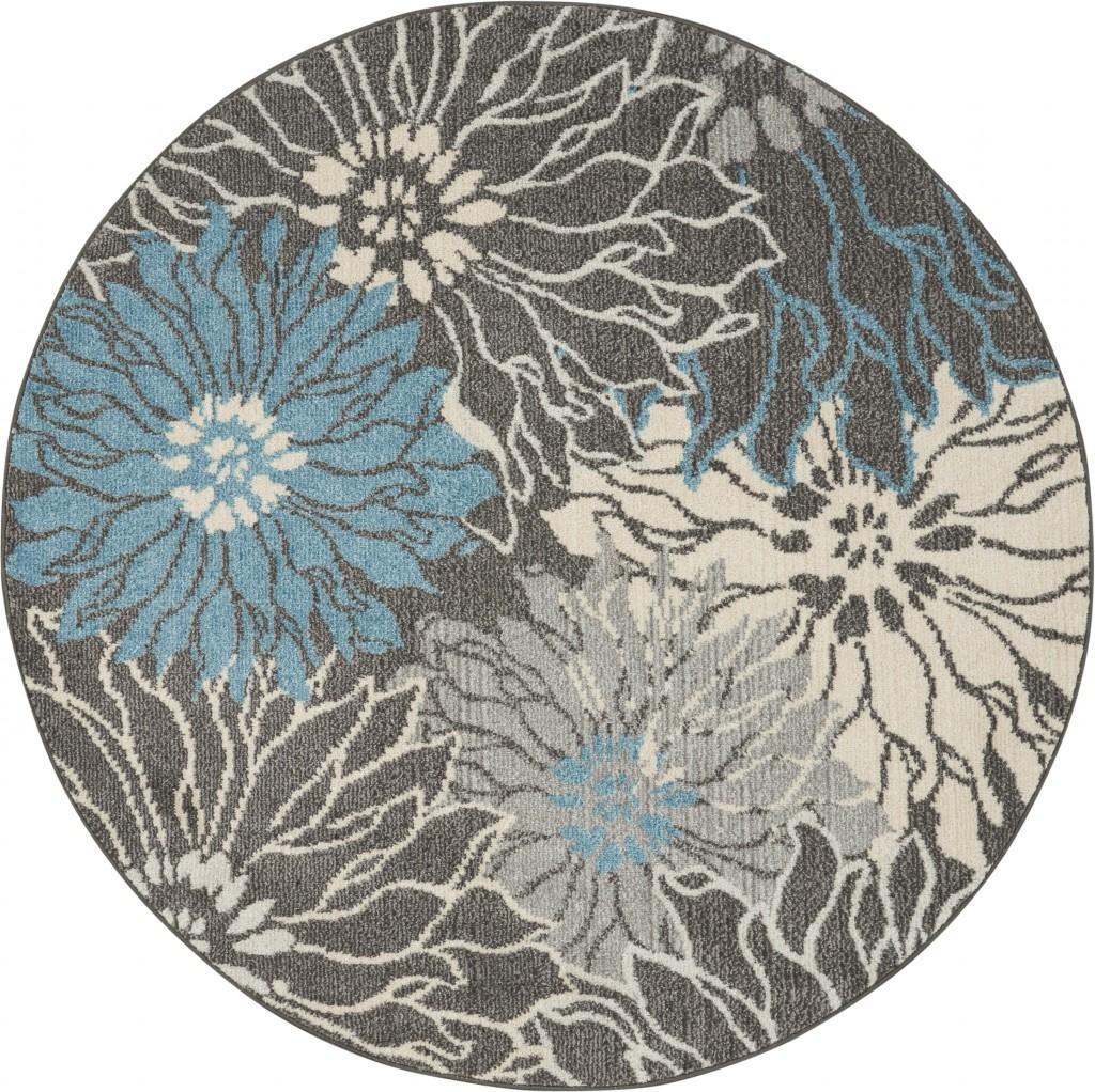 5’ Round Charcoal and Blue Big Flower Area Rug Default Title