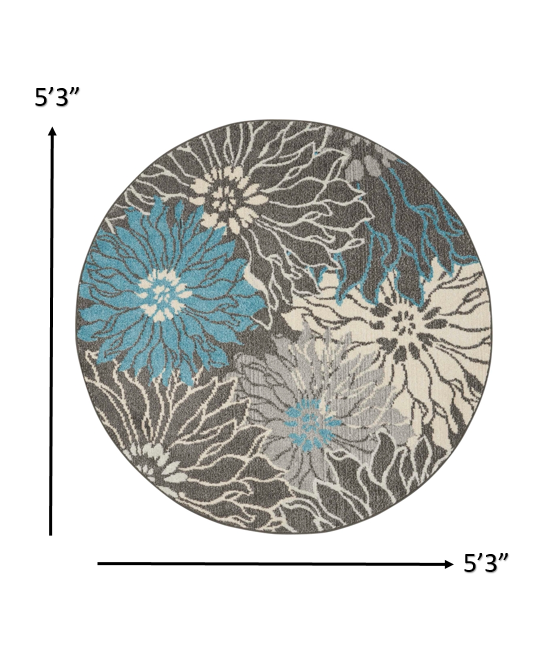 5’ Round Charcoal and Blue Big Flower Area Rug