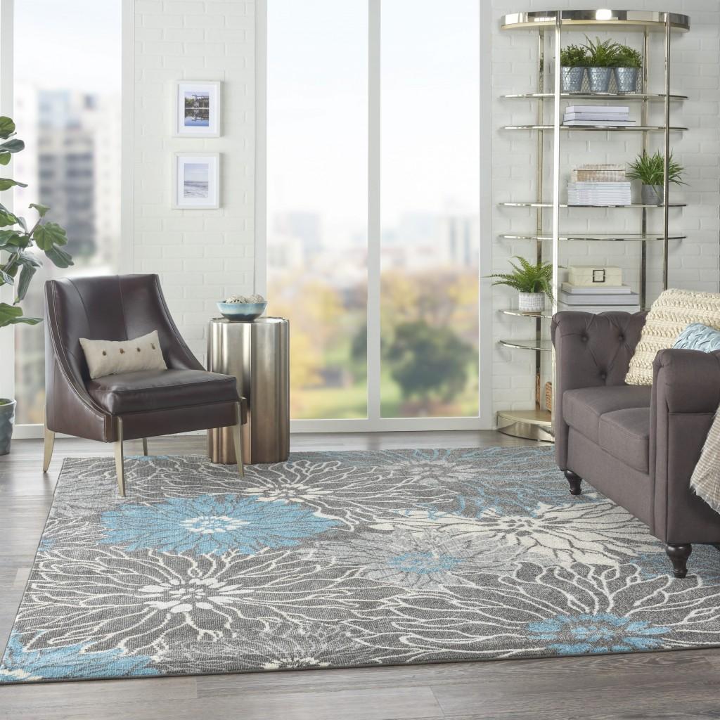 7’ x 10’ Charcoal and Blue Big Flower Area Rug