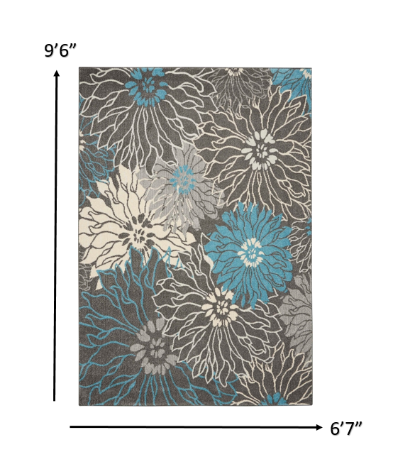 7’ x 10’ Charcoal and Blue Big Flower Area Rug
