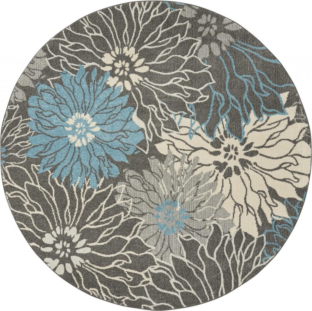 8’ Round Charcoal and Blue Big Flower Area Rug Default Title