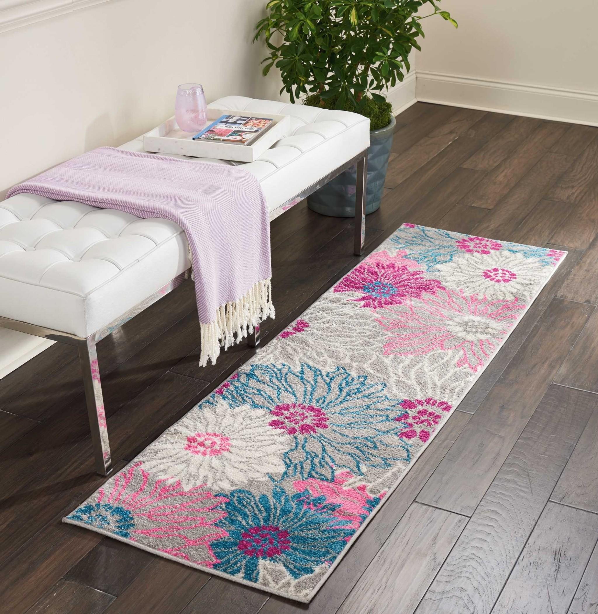 2’ x 6’ Gray and Pink Tropical Flower Runner Rug