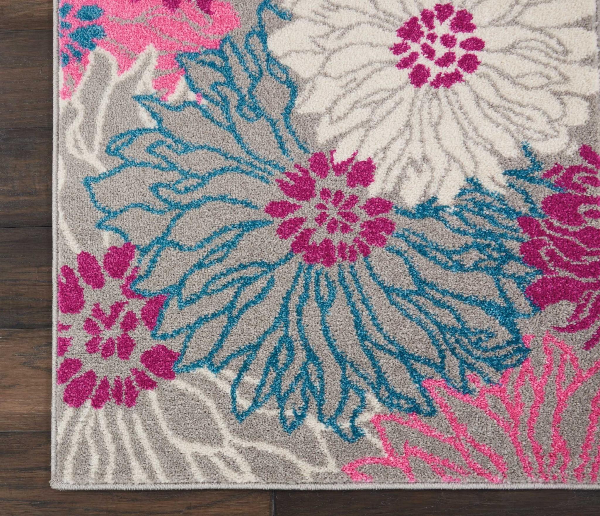 2’ x 8’ Gray and Pink Tropical Flower Runner Rug