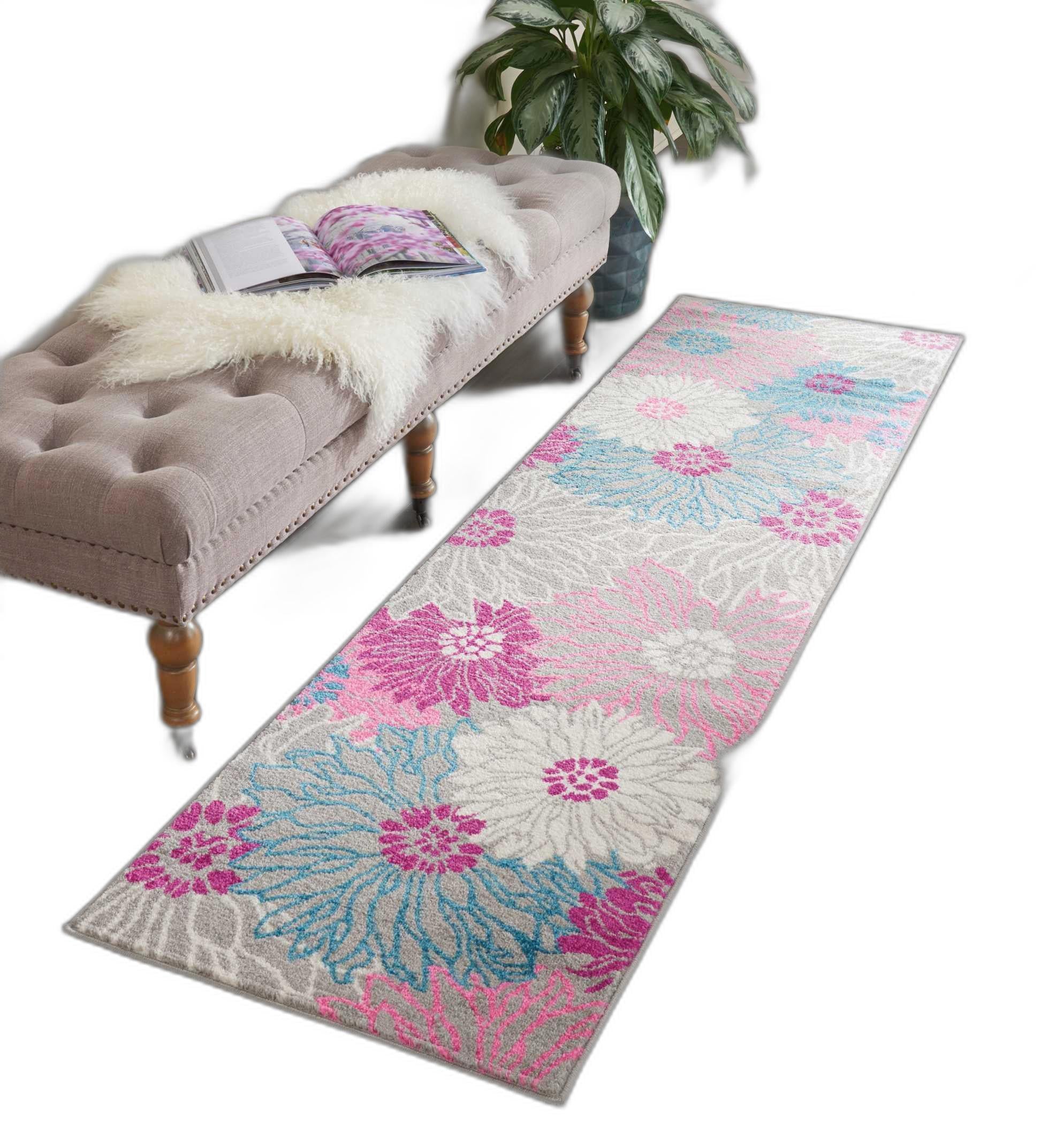 2’ x 8’ Gray and Pink Tropical Flower Runner Rug