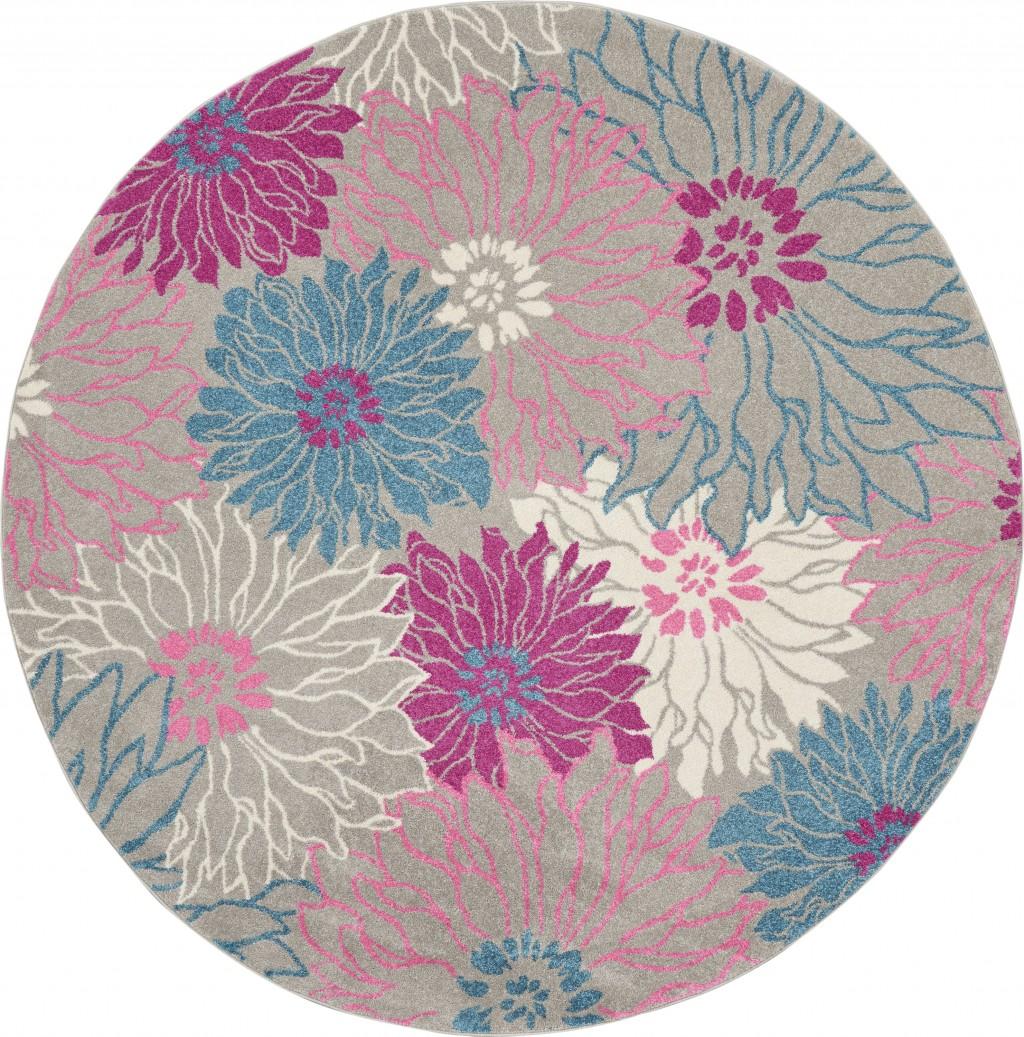 8’ Round Gray and Pink Tropical Flower Area Rug Default Title