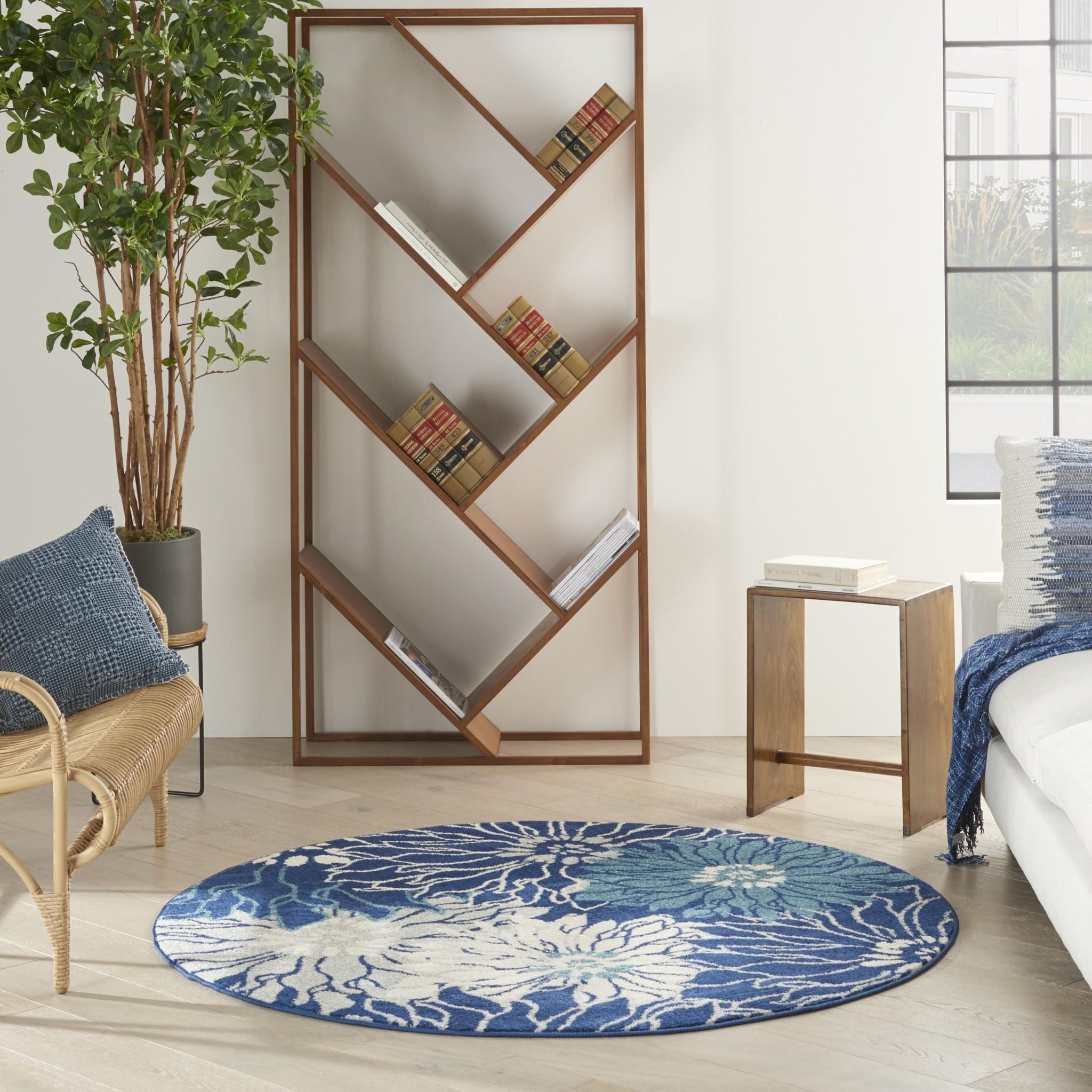 4’ Round Navy and Ivory Floral Area Rug