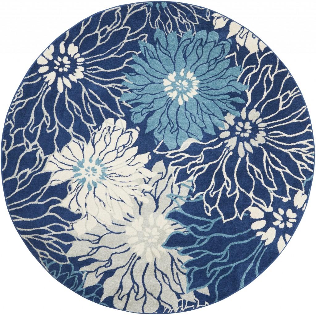 8’ Round Navy and Ivory Floral Area Rug Default Title