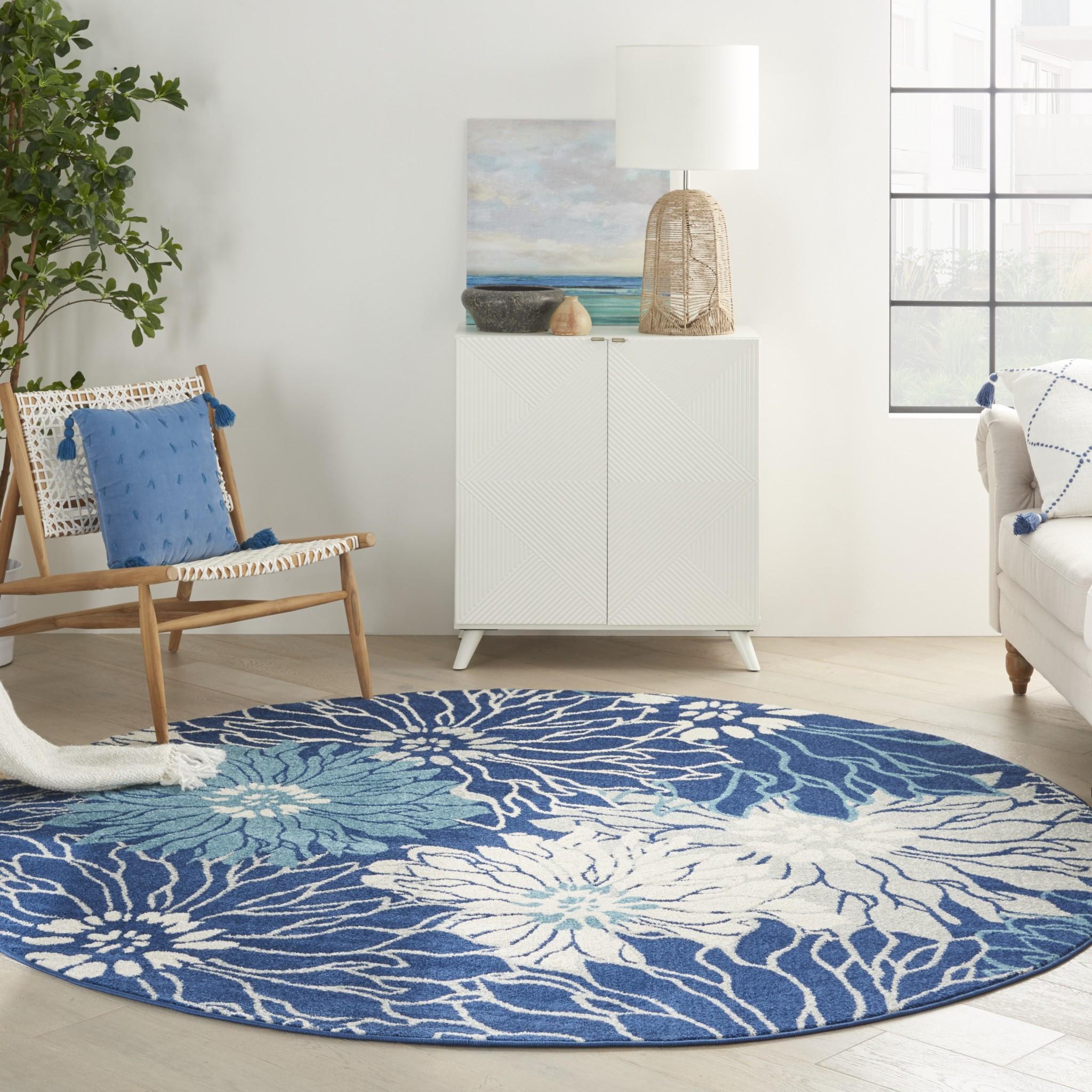 8’ Round Navy and Ivory Floral Area Rug