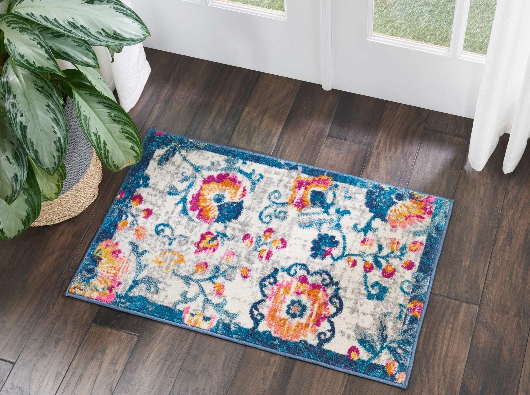 2’ x 3’ Ivory and Blue Floral Vines Scatter Rug