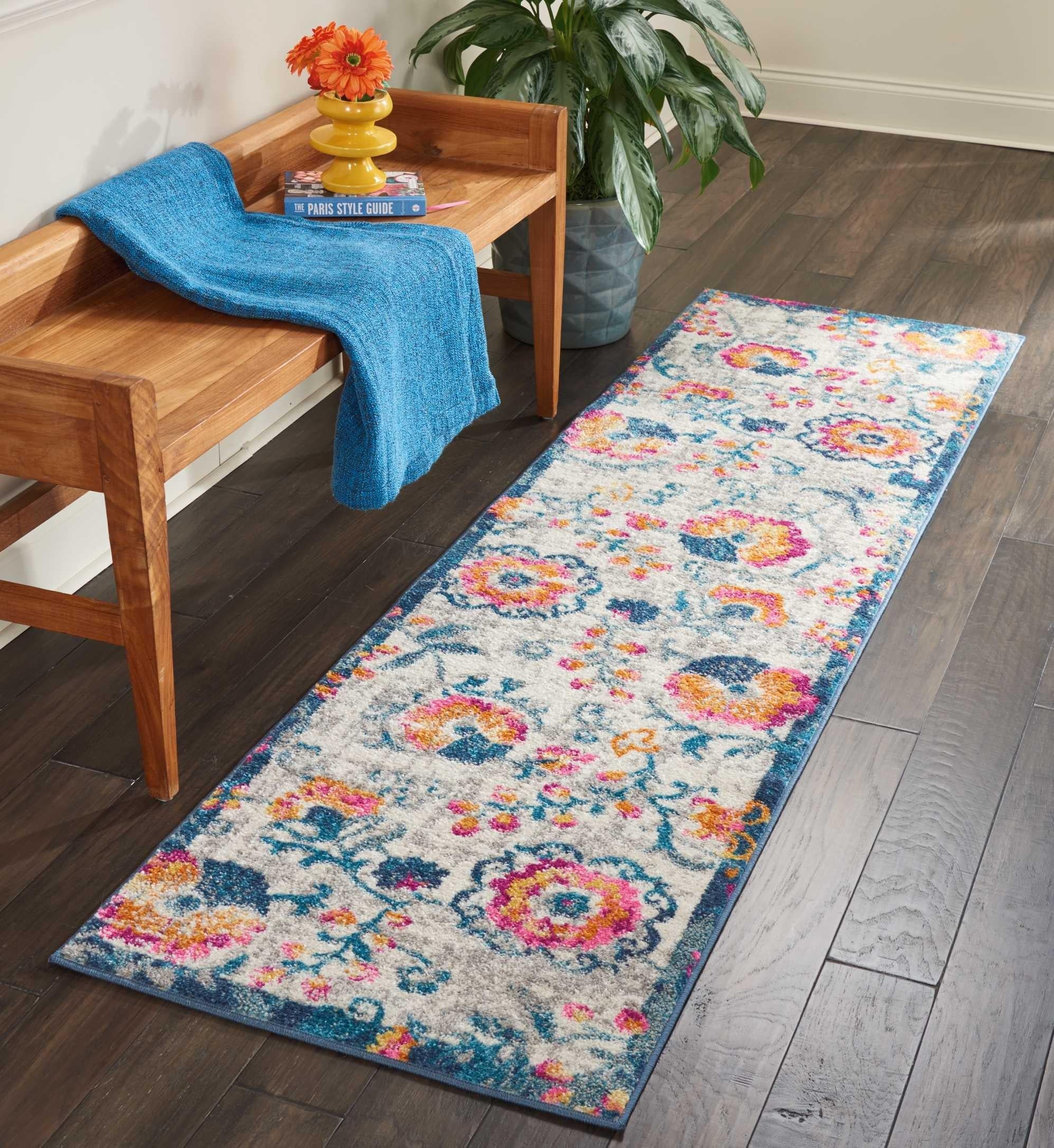 2’ x 8’ Ivory and Blue Floral Vines Runner Rug