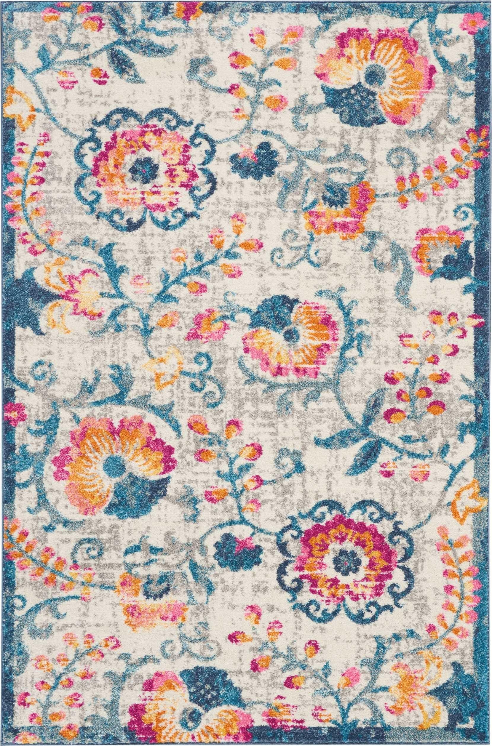 4’ x 6’ Ivory and Blue Floral Vines Area Rug Default Title