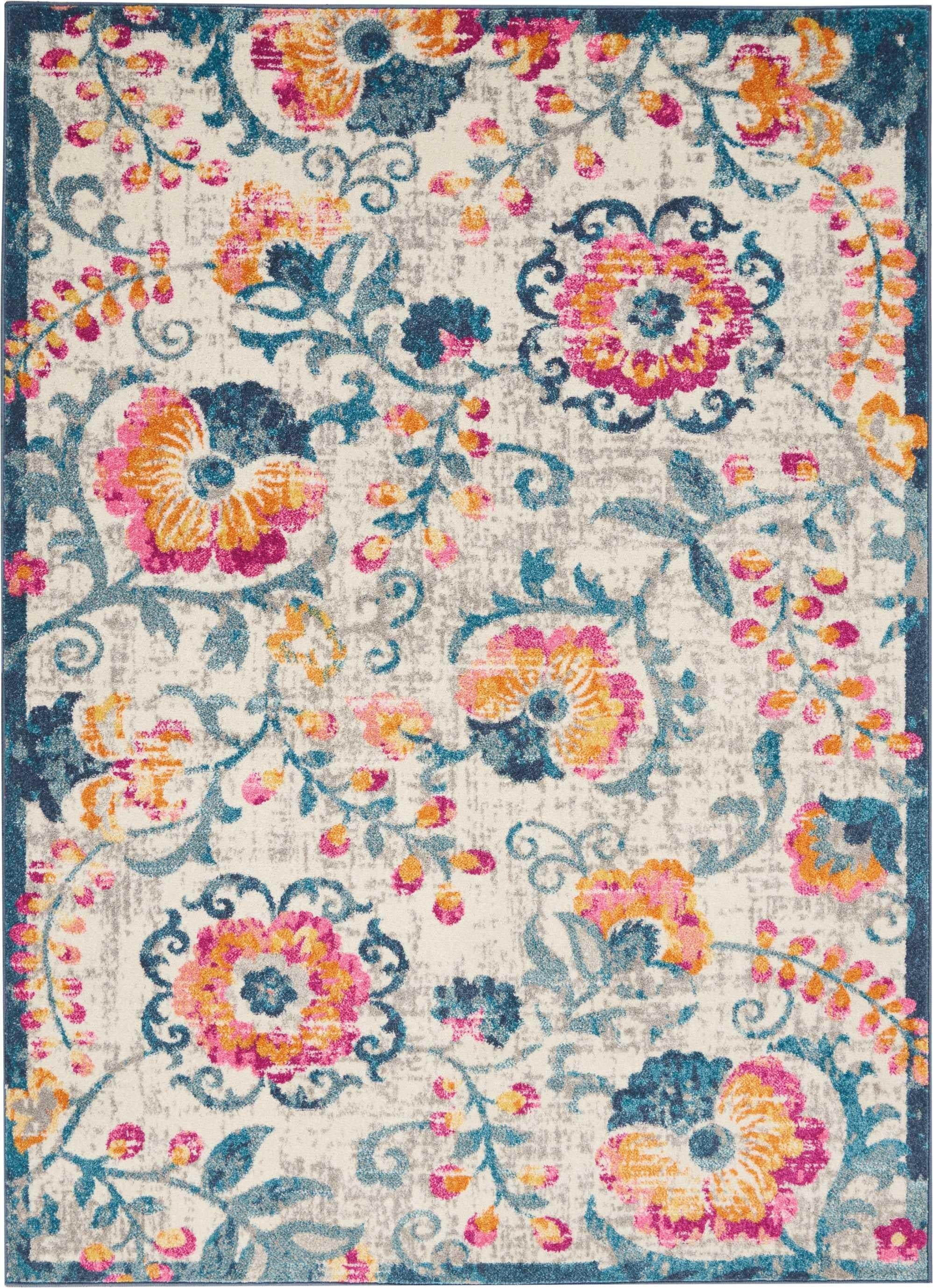 5’ x 7’ Ivory and Blue Floral Vines Area Rug Default Title