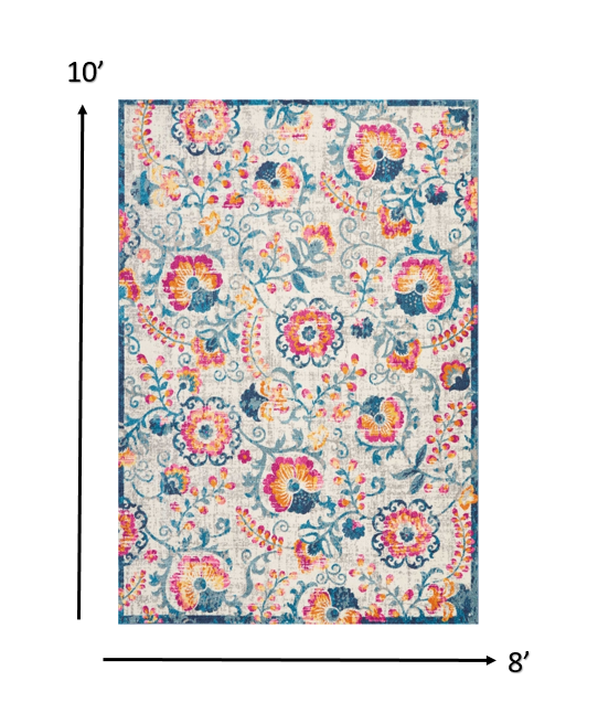 8’ x 10’ Ivory and Blue Floral Vines Area Rug