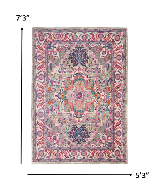 5’ x 7’ Light Gray and Pink Medallion Area Rug Default Title