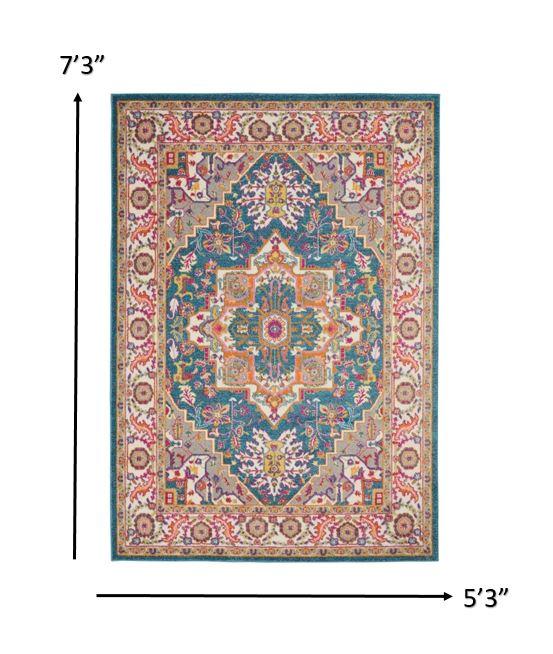 5’ x 7’ Teal and Pink Medallion Area Rug