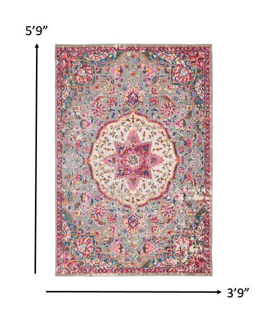 4’ x 6’ Gray and Pink Medallion Area Rug