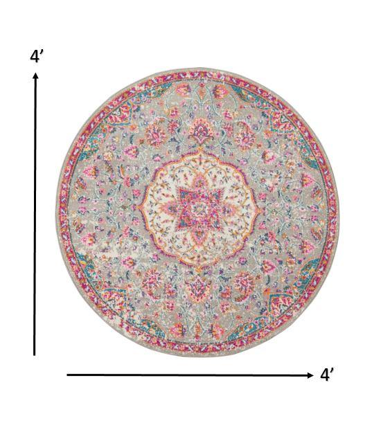 4’ Round Gray and Pink Medallion Area Rug